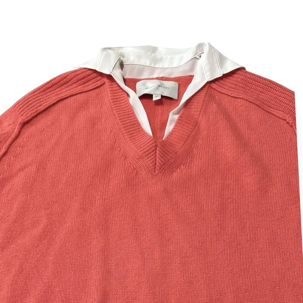 Brochu Walker The Looker Layered V-Neck Pullover Sweater. Size XS, Coral, white